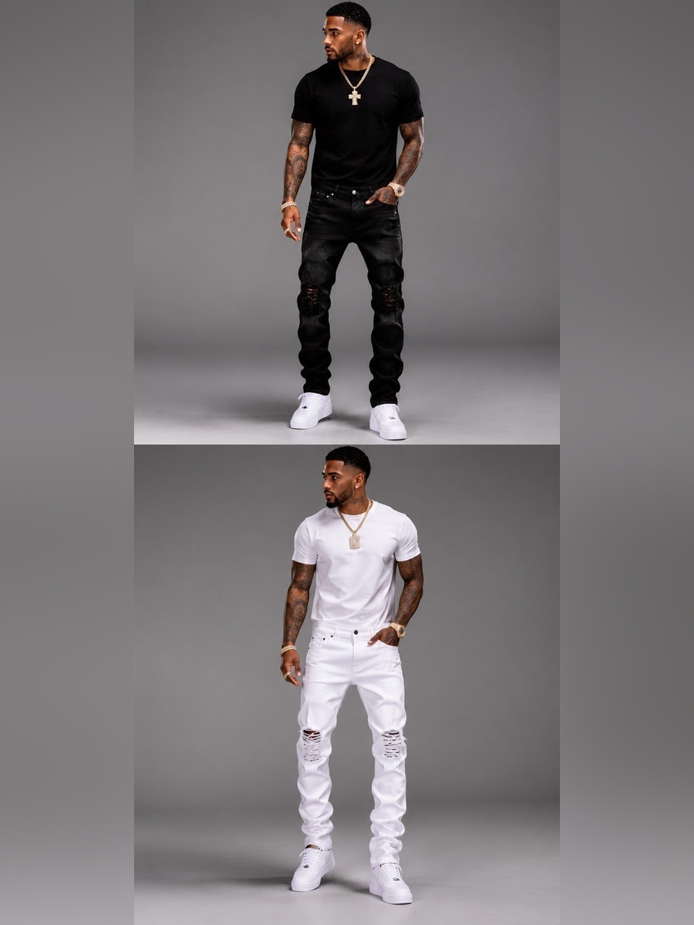 Glitz Slim Ripped Men's Jeans - Black & White